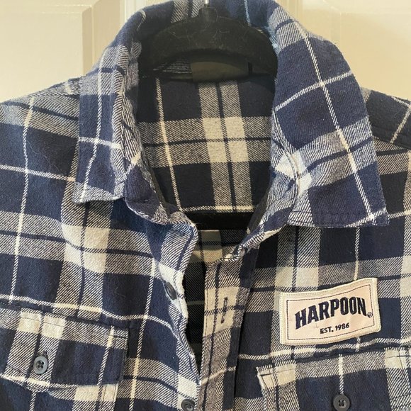 Navy and White Plaid Flannel Button Down with Harpoon Brewery Patch - Size Small - Picture 3 of 5